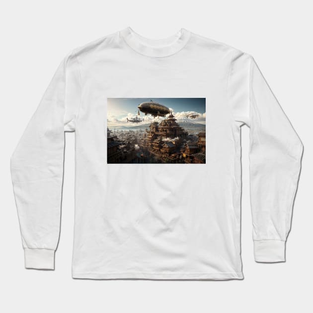 Vintage Feudal Japan Mount Fuji Long Sleeve T-Shirt by Flowering Away